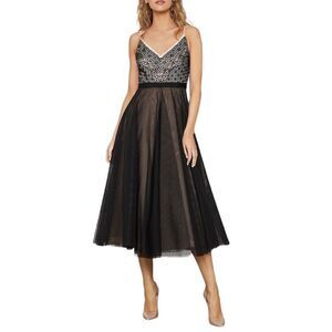 BCBGMAXAZRIA Geometric Floral Lace Tulle Midi Dress Black Pink M